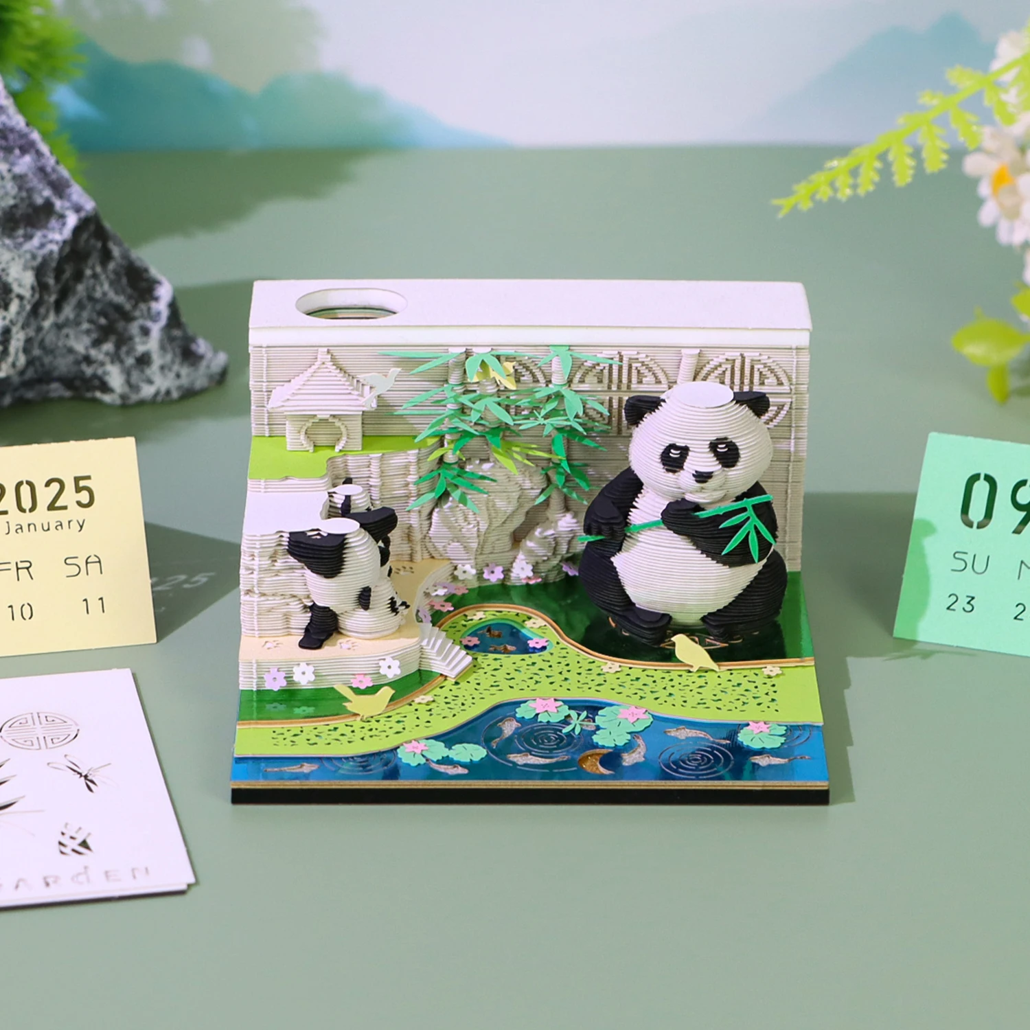 3D Memo Pad Cute Panda Magic Calendar Desk Decoration Tear Off Sticky Note Pad Pen Holder Acrylic Box Stationery Gift For Kids