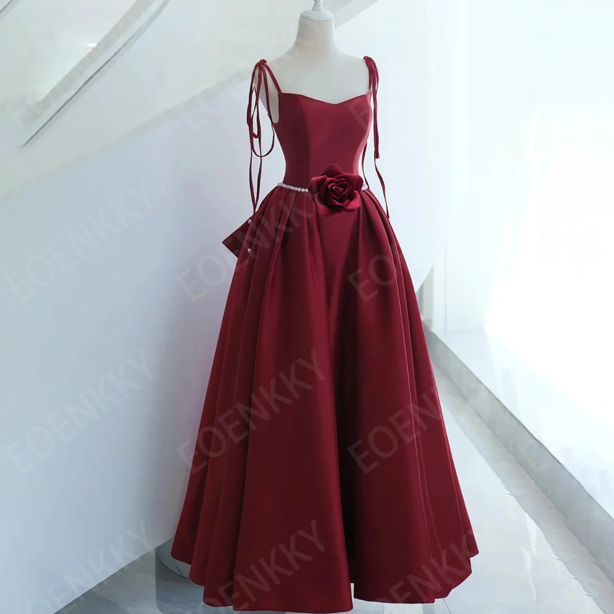 

EOENKKY A Line Evening Dresses Prom Spaghetti Straps Pearl Sleeveless Wedding Party Dress Burgundy Woman Customized فساتين سهرات