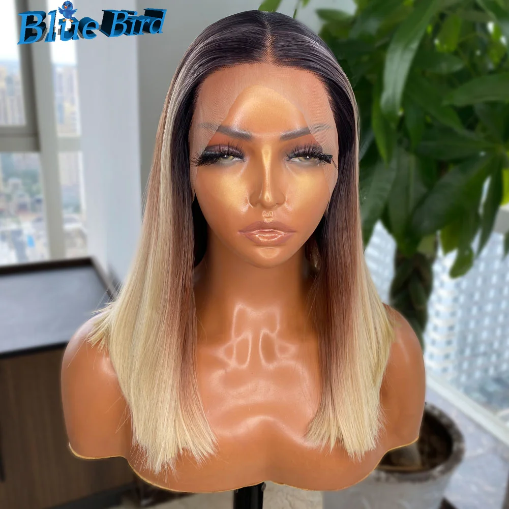 BlueBird Short Ombre Straight Baylayage Gluesless Bob Wig Futura Hair 13x4 Heat Resistant Synthetic Lace Front Wigs For Women