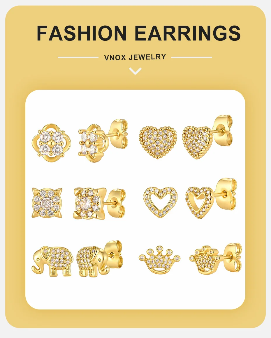Vnox Trendige Kubische Zirkonia Elefanten-Ohrringe für Frauen 18K Vergoldete Niedliche Herz-Blumen-Ohrstecker Piercing-Ohrringe Täglicher Schmuck – Detail 1
