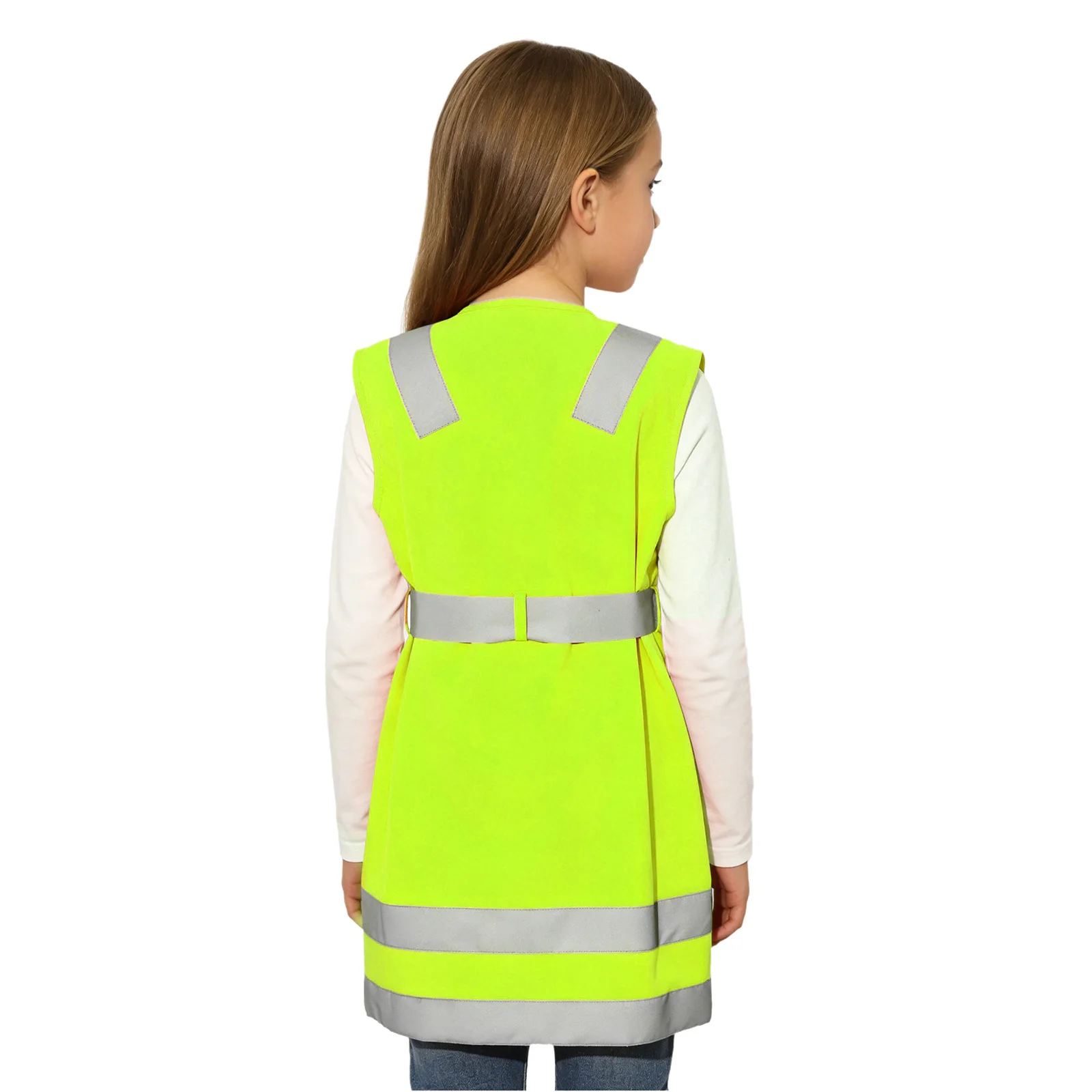 Kids Girls Boys Safety Vest High Visibility Reflective Strips Hook-and-loop Fastener Long Vest with Belt for Traffic Outdoor