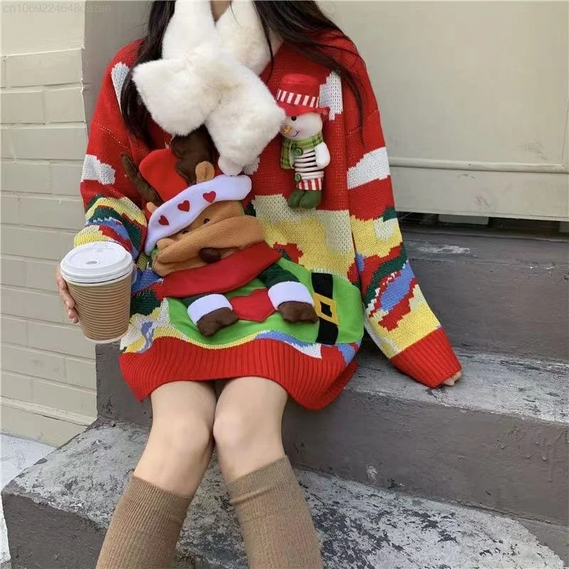 Christmas Theme Elk Sweater Women Loose Outerwear Thickened Autumn Winter Knit Top Shirts Female Removable Doll Luxury Pullover