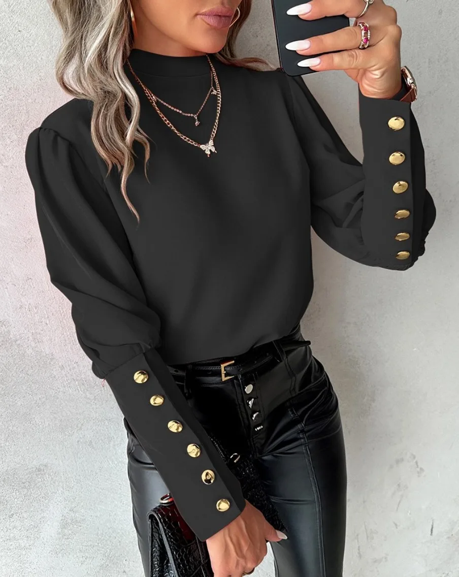 2024 New Long-sleeved Solid Color Round Neck Button-down Shirt For Women Street Commuting Elegant Comfortable Office Wear Women