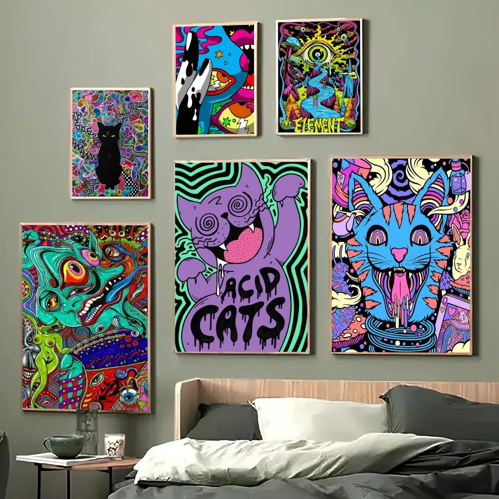 1pc colourful psychedelic cat Poster Paper Print Home Bedroom Entrance Bar Cafe Art Painting Decoration