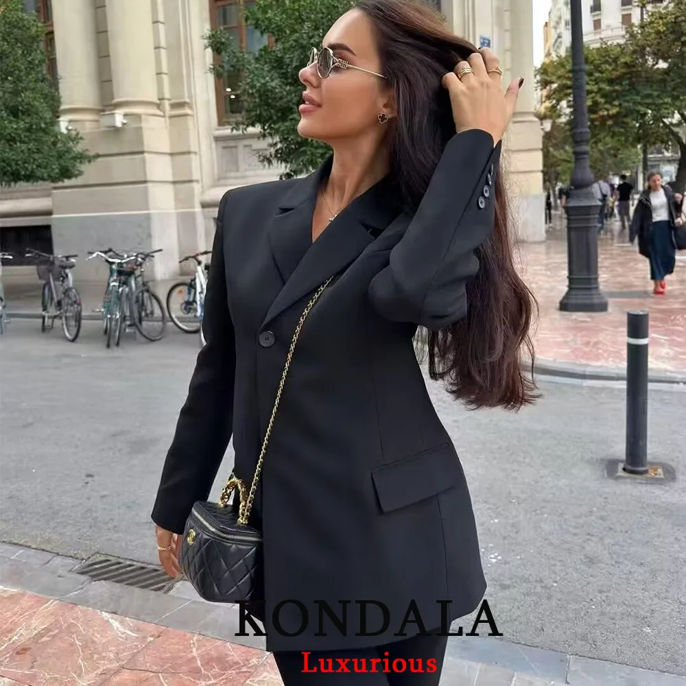 KONDALA مكتب سيدة شيك سترة سوداء المرأة الخامس الرقبة أزرار واحدة كم طويل جاكيتات موضة 2025 خمر المرأة الأنيقة السترة