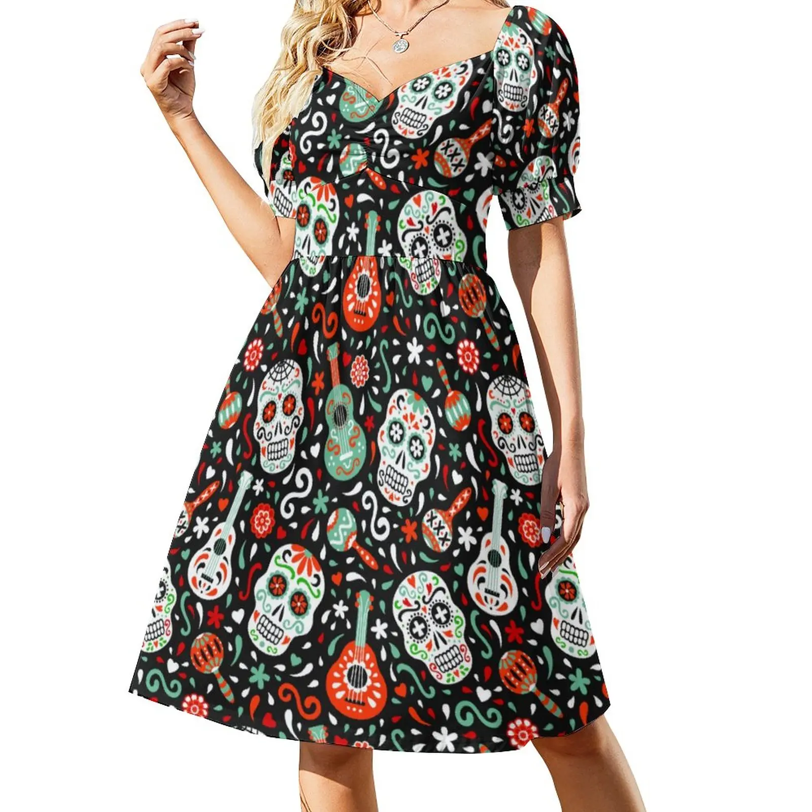 

Mexican Day of The Dead Skulls Casual Dress Aesthetic Dresses Sexy V Neck Pretty Printed Dress Large Size