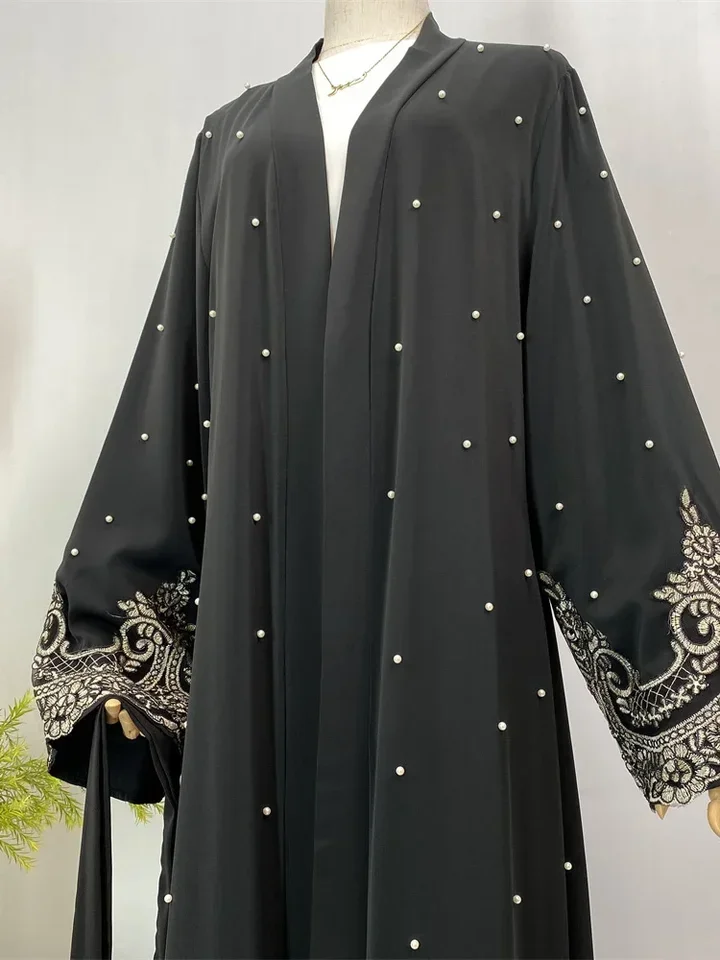 رمضان جلابية أزياء إسلامية عباية نسائية مفتوحة دانتيل مع لؤلؤ ملابس فساتين إسلامية للنساء نيدا عيد قفطان مغربي #4