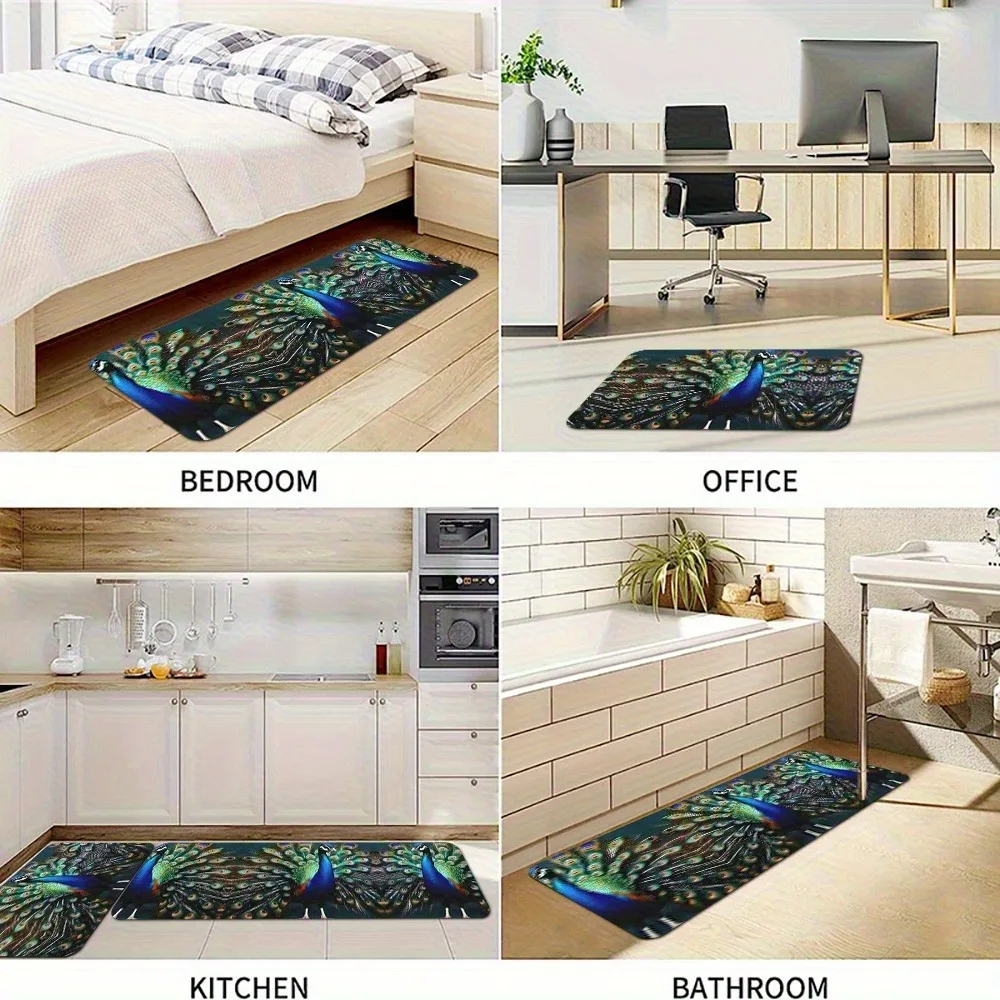 

1PC Peacock Feather Elegance Kitchen Rug Non-Slip Door Mat Pop design Bathroom Rug Bath Mat Carpet for Home Sink Laundry Decor