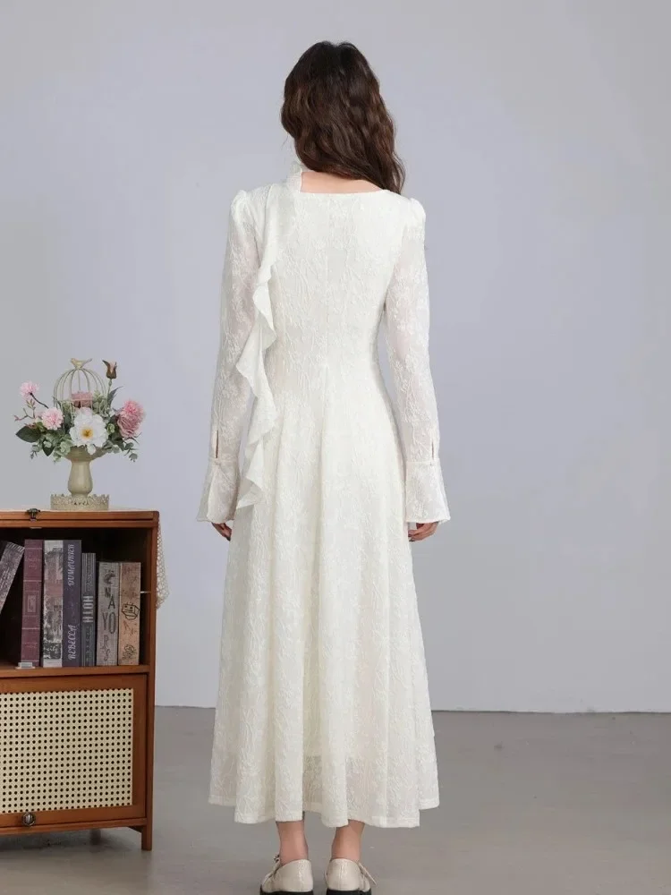 フレアスリーブ女性ドレス固体韓国ファッション春秋レトロ Vestidos Mujer 甘いシンプルシックなロングドレス