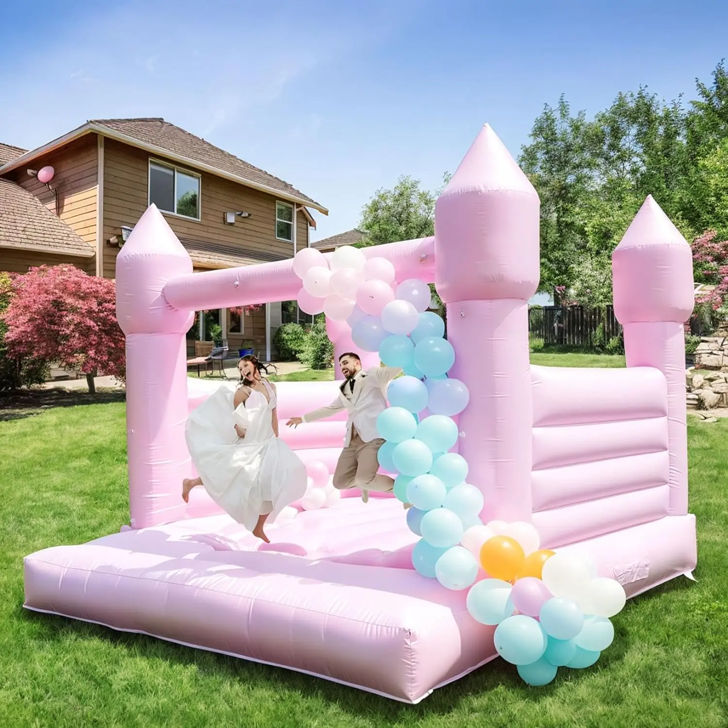 Large Pink Inflatable Bounce House Castle with Air Blower White Jumper Wedding Bouncy Castle with Canopy Covering 100% PVC