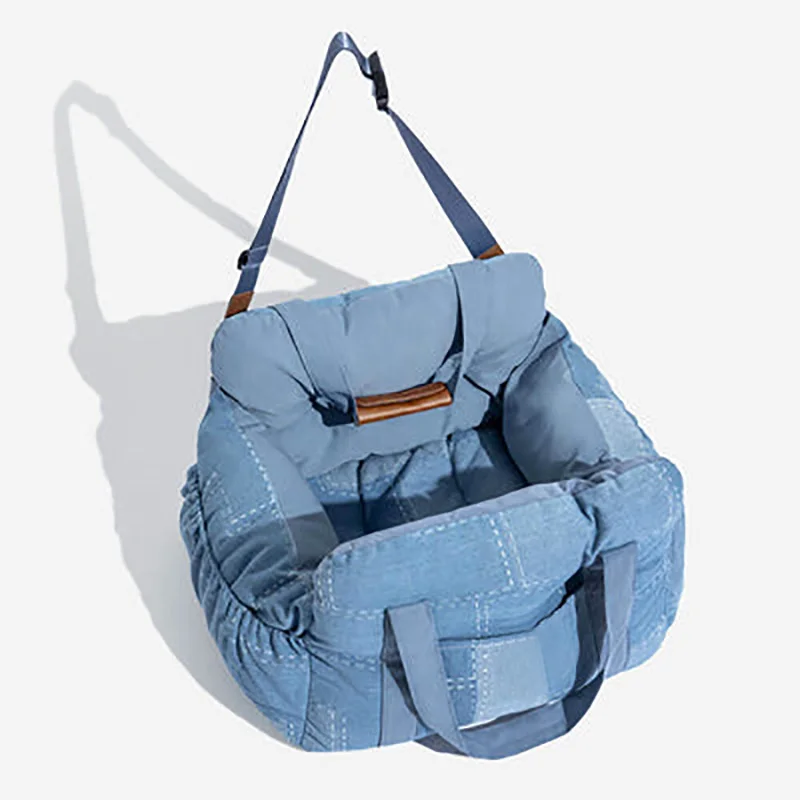 

Safety Bolster Vintage Denim Patchwork Dog Car Seat Bed with Safety Buckle Customized LOGO Luxury Dog Beds Pet Car Seat