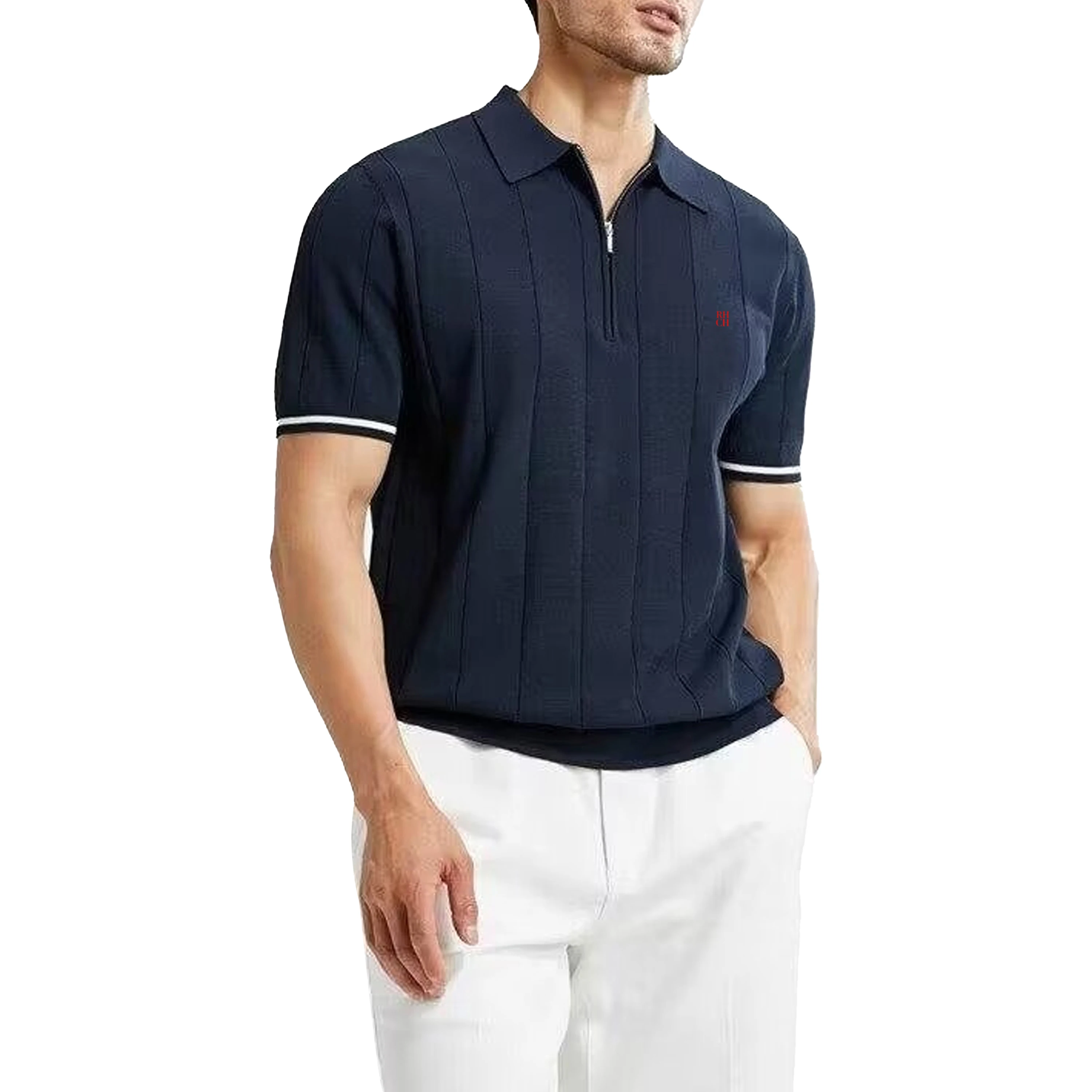 RHCH Men Half Zip Collar Short Sleeve Polo Shirt Bold RHCH Mini Red Embroidery Left Chest Old Money Golf Office Daily Wear view 3