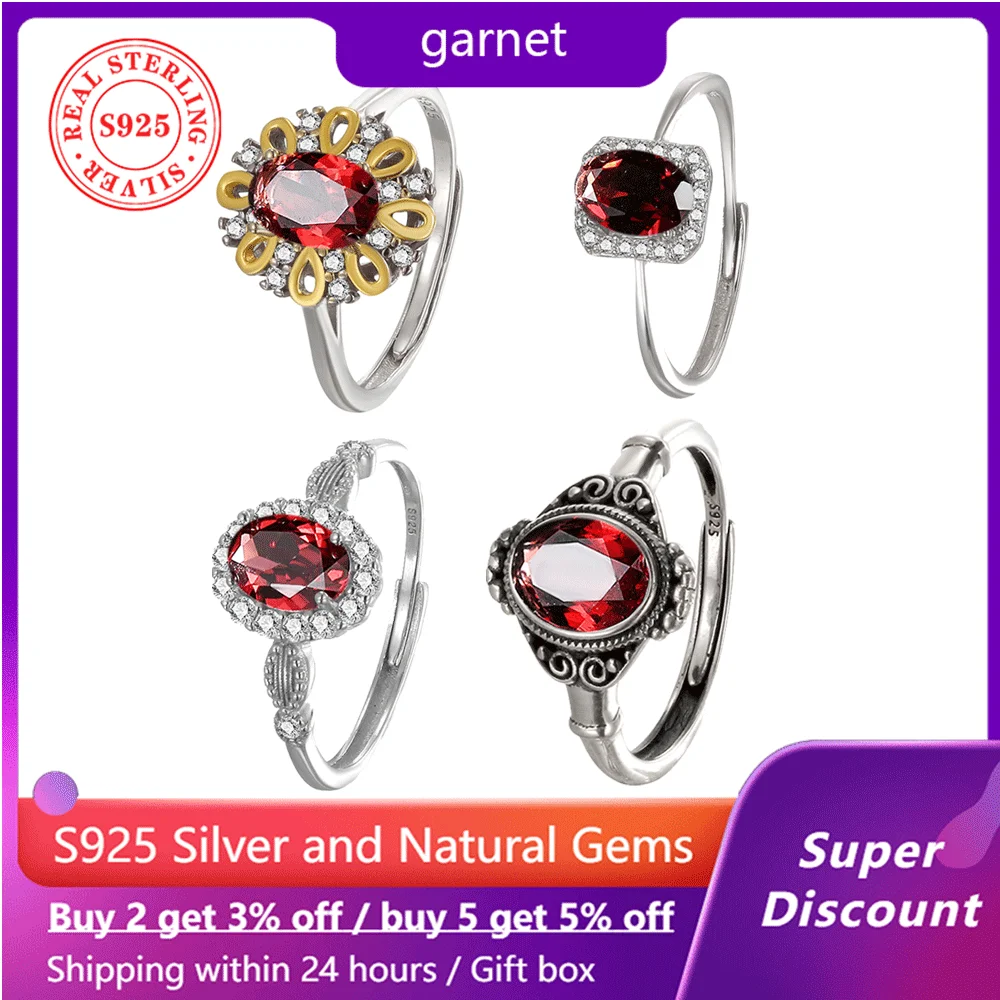 

925 sterling silver plated 18k gold ring for women with natural garnet ruby ring, exquisite elegant wedding party jewelry gift