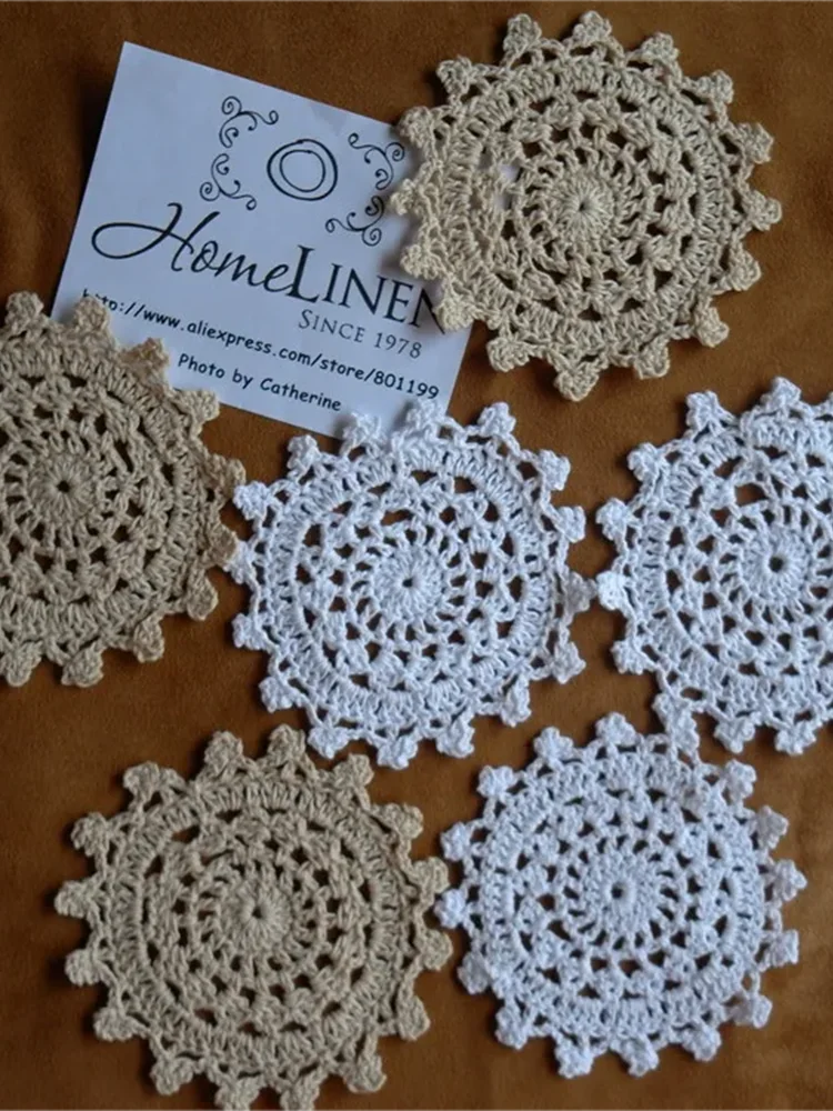 12 Pieces Wholesale Hand made Lace Crochet Cup Mat Cotton Ecru Doily Cup Pad Coaster Embroidery Wedding Decor 10cm (3.94\
