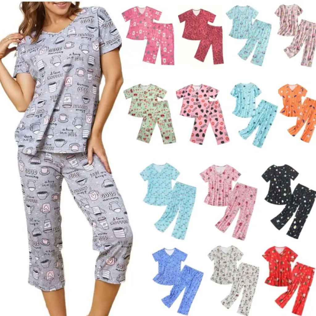 

plus Size Women's Autumn Winter Home Wear Pajamas Set Short-Sleeved Two-Piece Suit Printed Comfortable Sleepwear