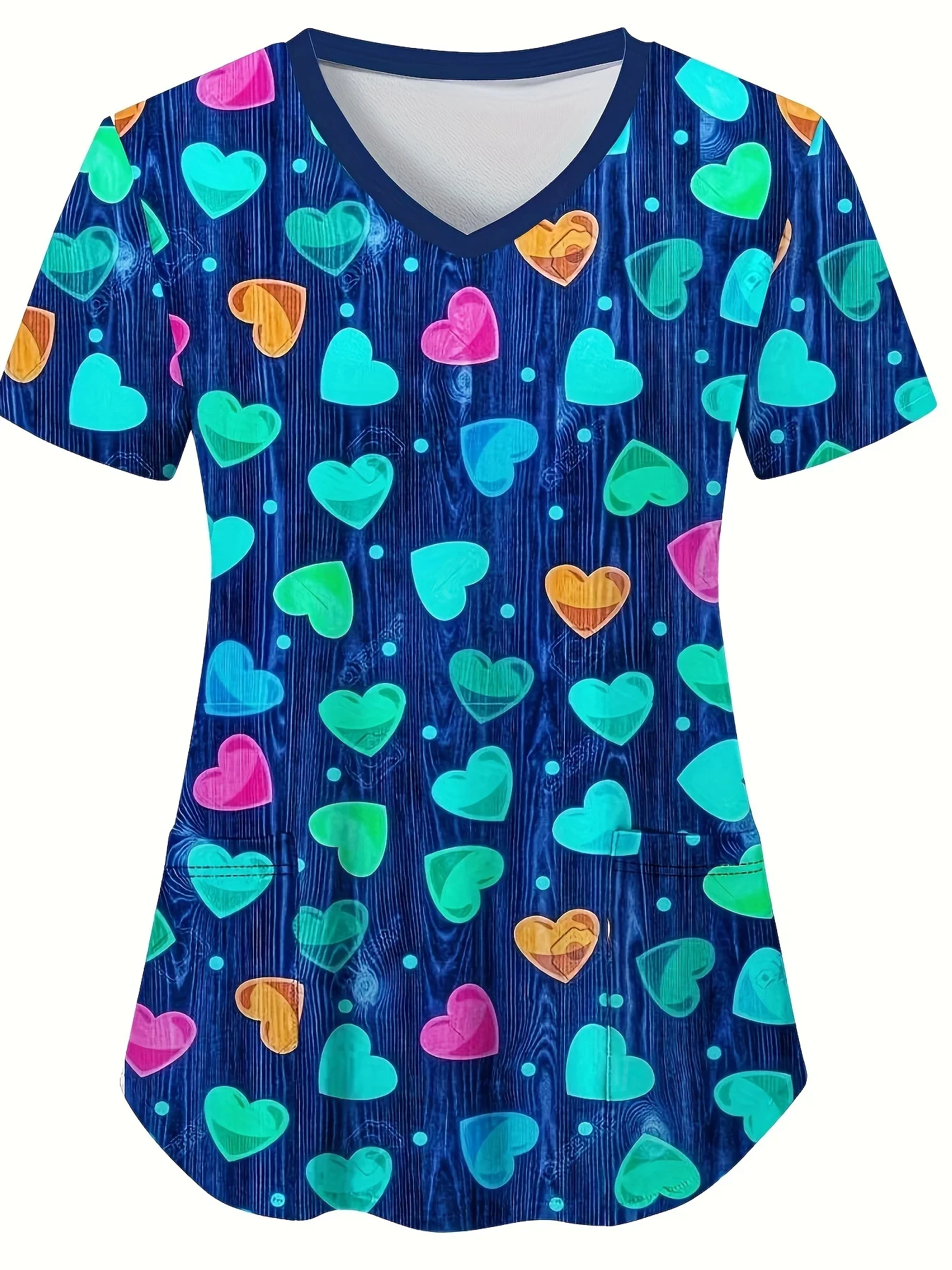 Heart Print V-Neck Stretchy Medical Uniform for Women Casual Short Sleeve Patched Pockets Tops Scrubs Medical Uniforms Woman