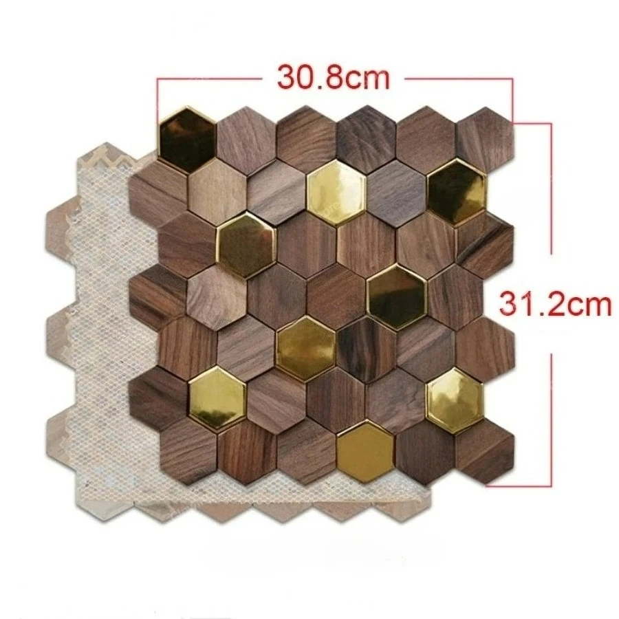11PCS Hexagon 3D Wood Wall Art Black Walnut Metal Mosaic Tile Teahouse TV Background Interior Decor Wall Stickers view 4