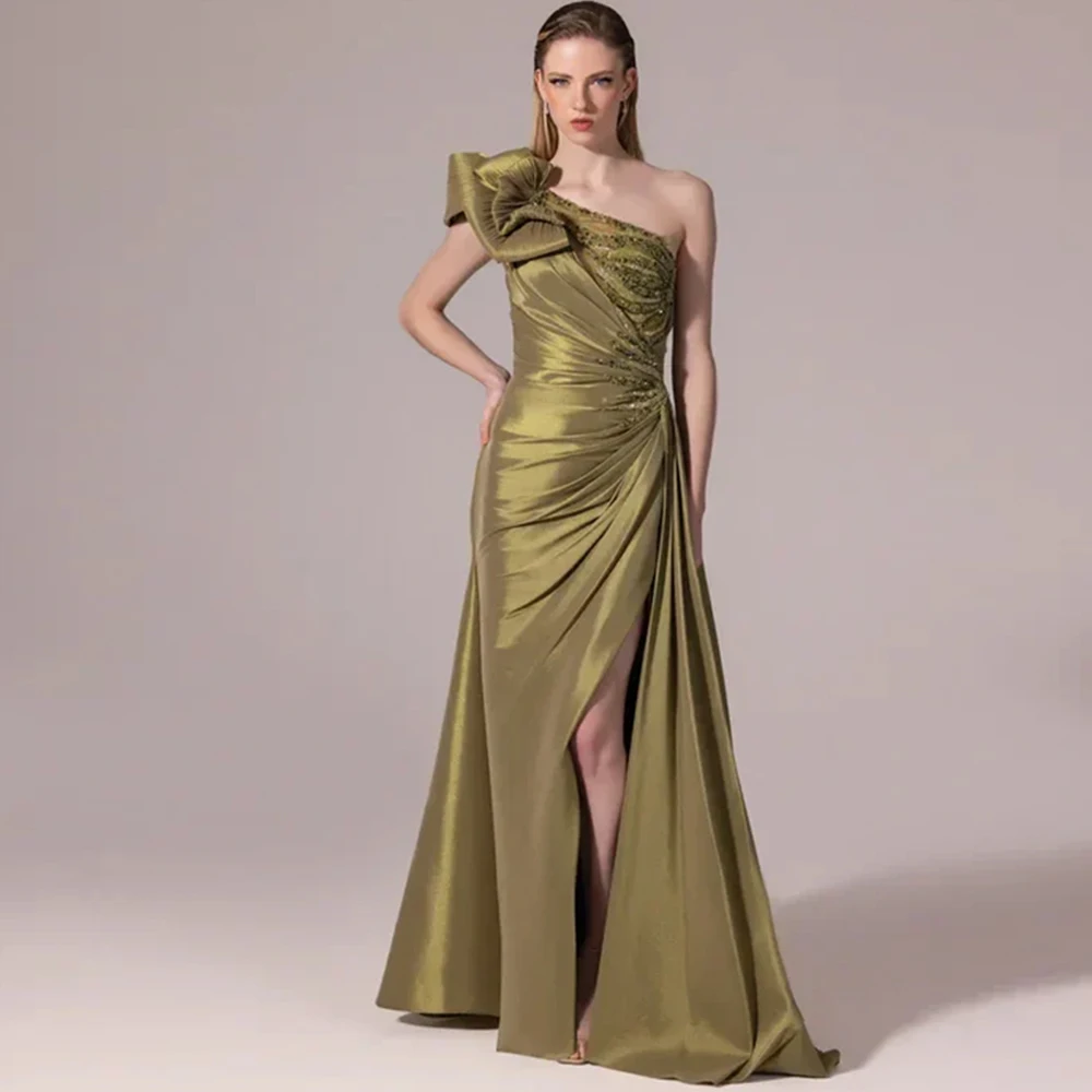 

Classic Satin Evening Dress Delicate One Shoulder Mermaid Customized Celebrity Gowns Fashion Sequined Sweep Train Party Dresses