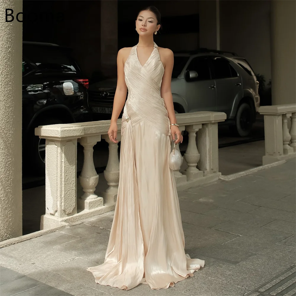 

Booma Shiny Mermaid Sleeveless Pleat Long Dresses Formal Party Gowns for Women Backless Simple Prom Gown Customize