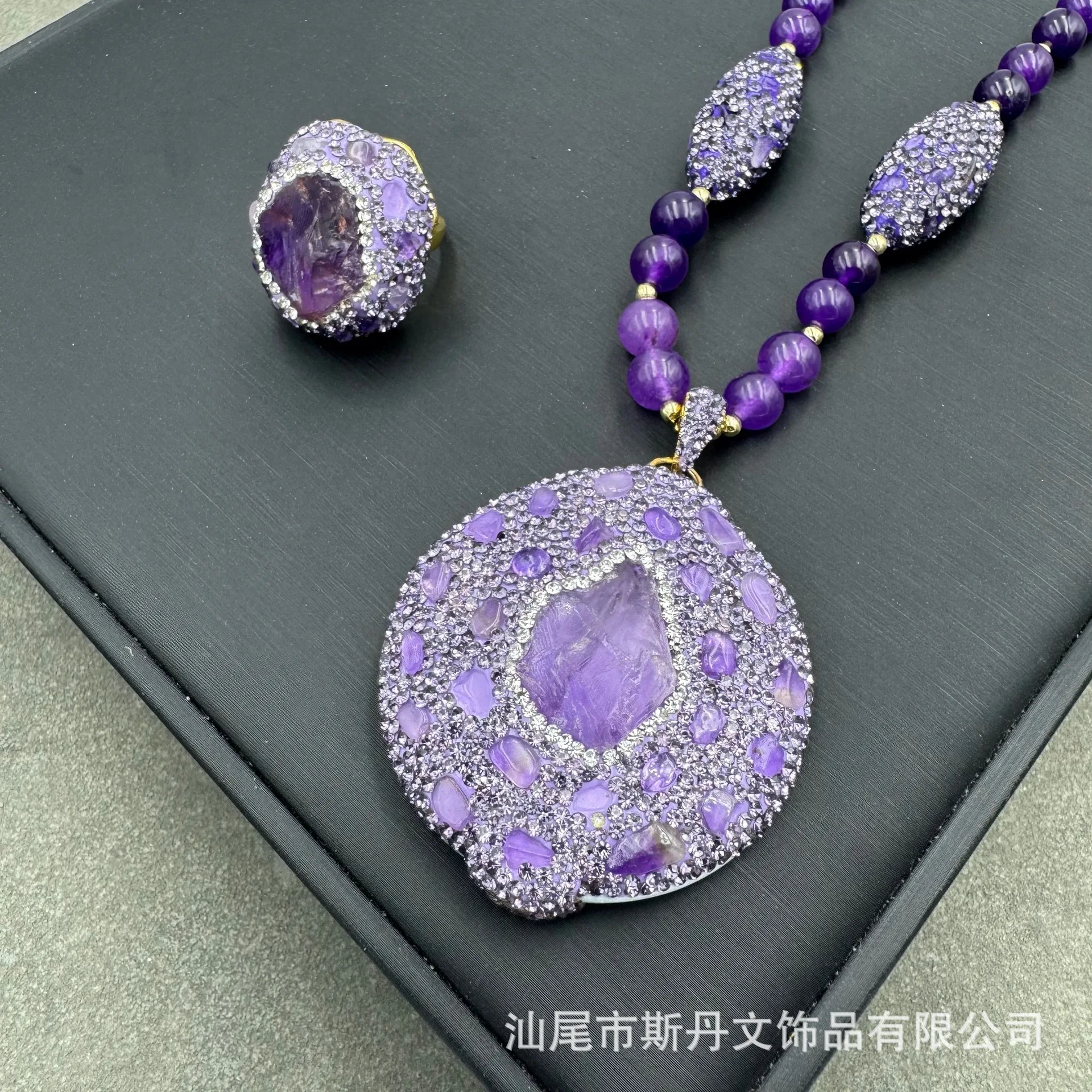 

Amethyst inlaid retro medieval vintage jewelry earrings necklace ring set Douyin live crystal, necklace earrings ring
