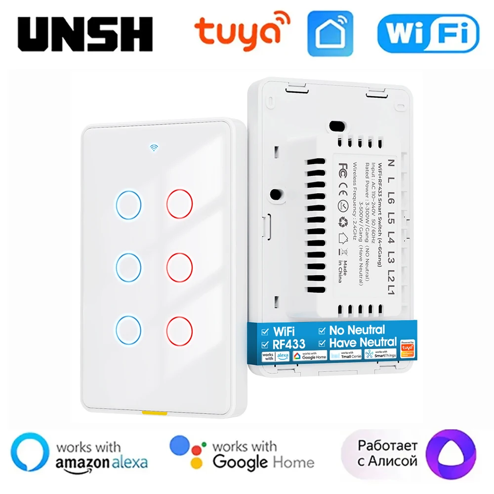 6 gang Tuya Smart WiFi RF Light Touch Wall Switch Support 2-Way With/No Neutral Wire Smart Life Via Alexa Google Home Alice