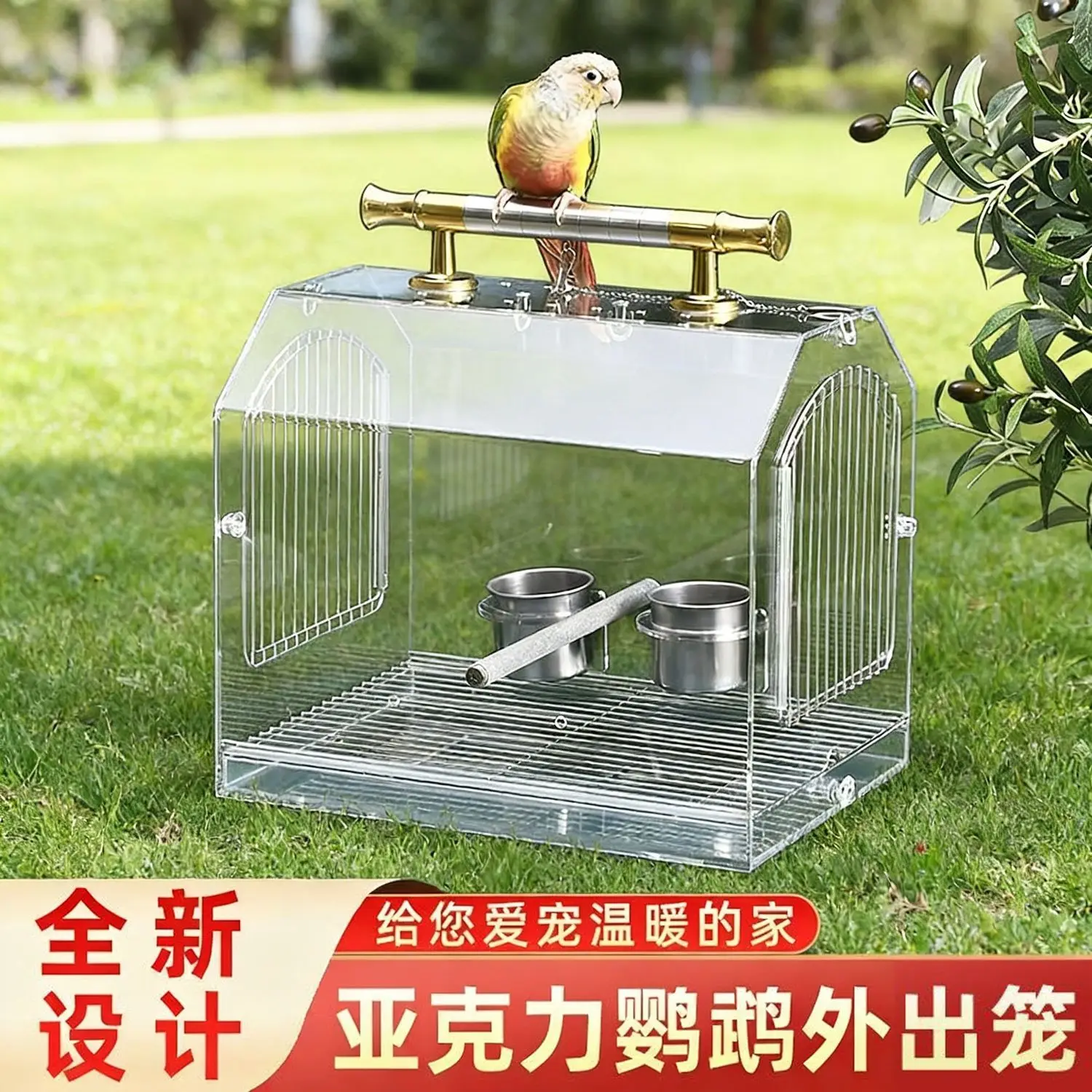 Large Transparent Acrylic Portable Bird Travel Cage Lightweight Outdoor Parrot Carrier for Budgies, Cockatiels, Caiques