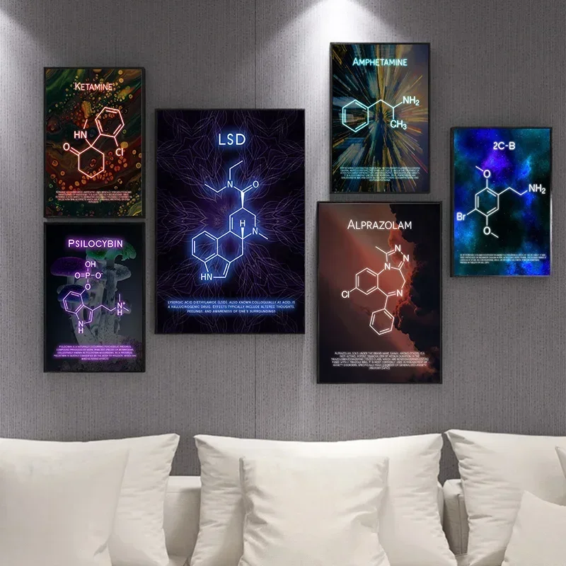 THC LSD 2CB جزيئات المخدرات الكونية الاعشاب خلفية جدار الفنون قماش اللوحة ديكور المنزل غرفة ديكور