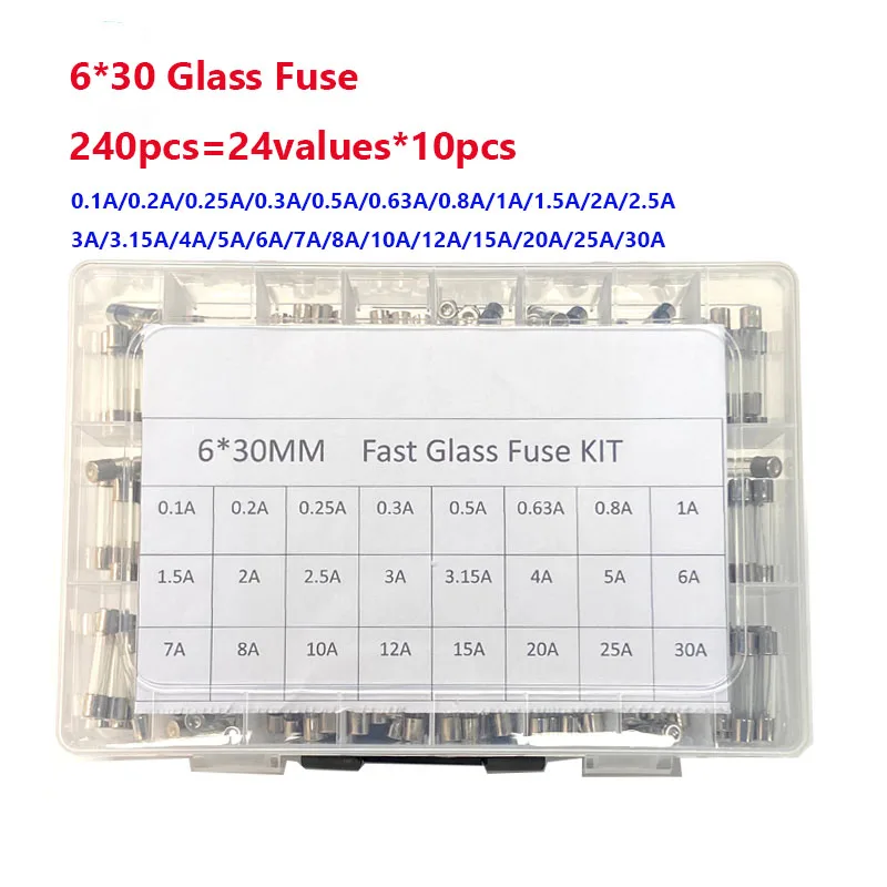 240Pcs 6*30MM 6X30 Glass Tube Fuse Quick Blow Glass Tube Fuse Assortment Kit Fast-blow Glass 0.1A-30A Fuses