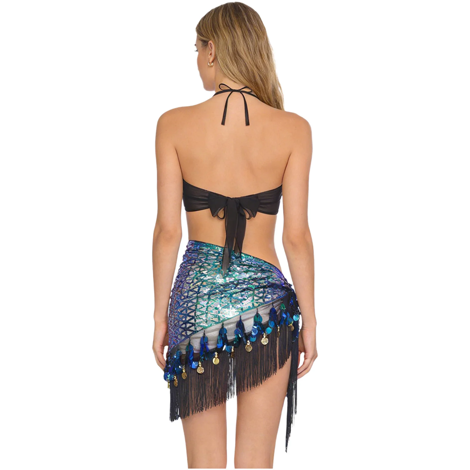 Womens Belly Dance Costume Outfit Shiny Sequin Halter Lace-up Crop Top And Sequin Tassel Triangle Hip Scarf Waist Chain Hip Wrap