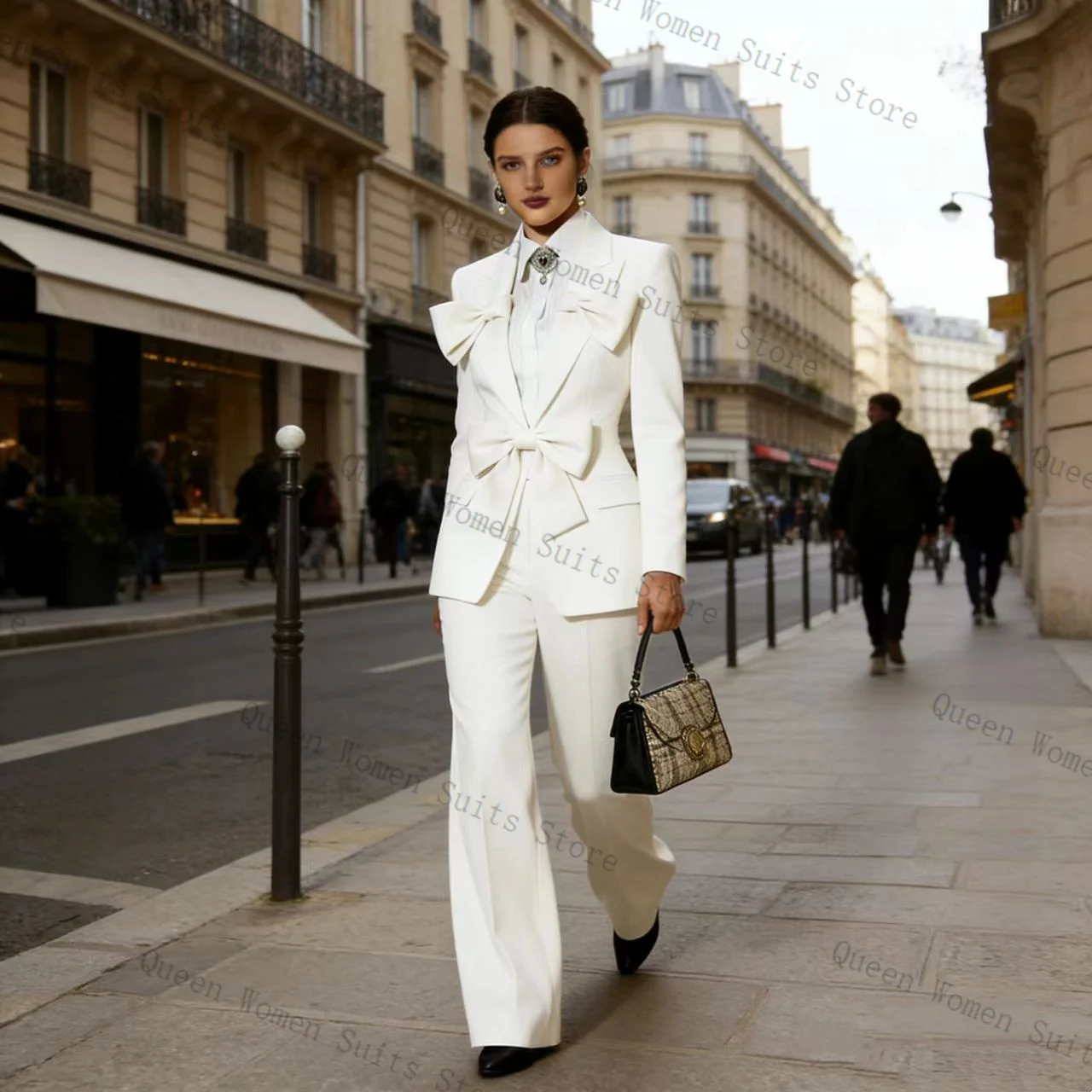 

Bow White Women Suit Set 2 Pcs Blazer Pants Spring Cotton Outfit Prom Formal Office Lady Jacket Wedding Coat Customized