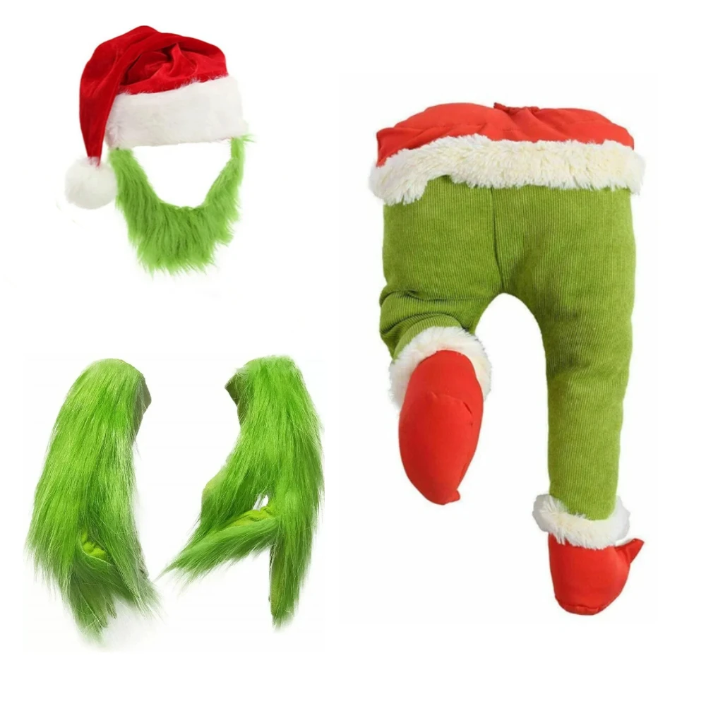 Gorro de Papá Noel con barba verde y guantes peludos para adultos, conjunto de juego de rol de personajes navideños, accesorios de disfraz de Cosplay para hombre