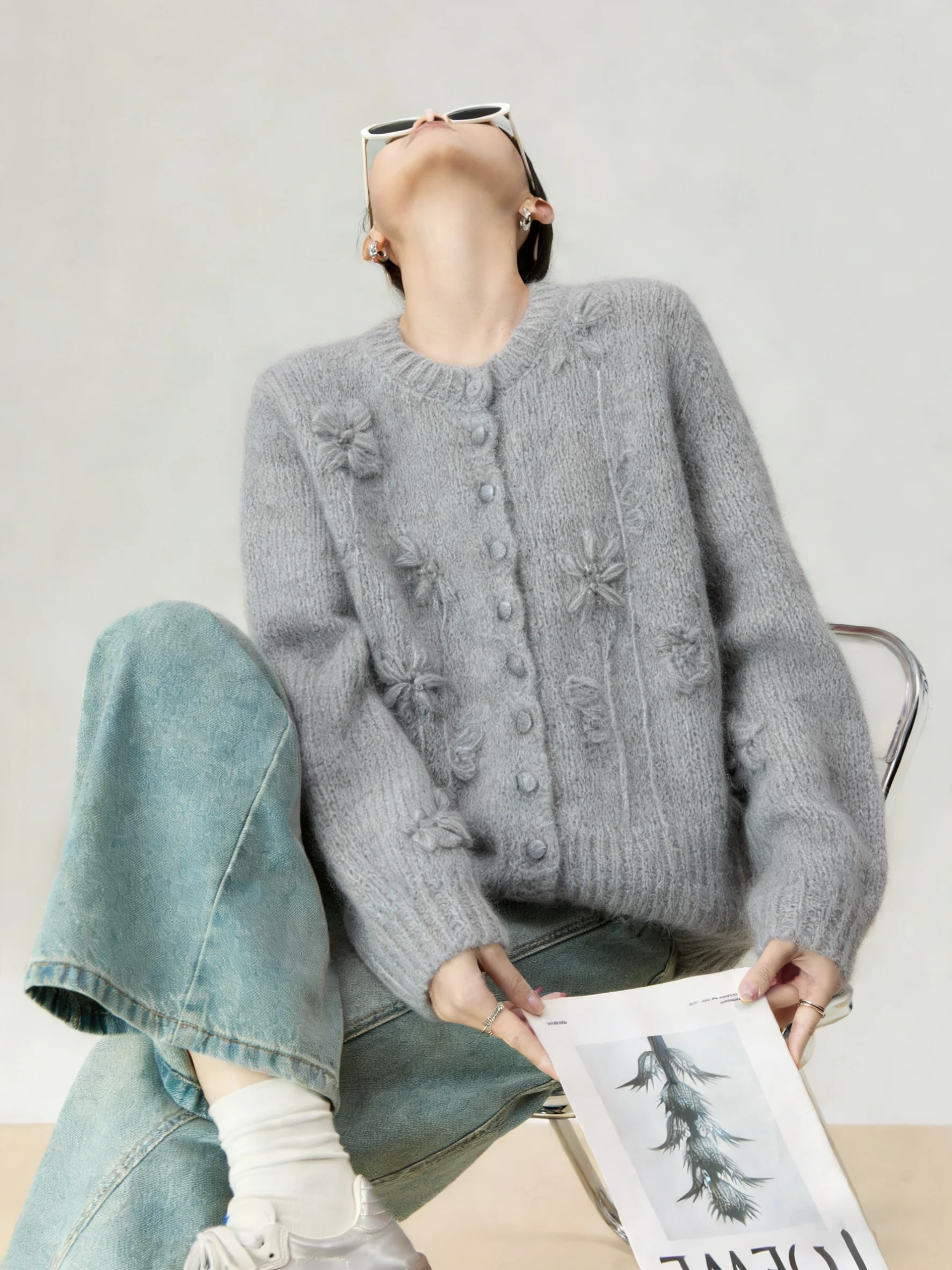

ay 3D Knitted Sweater Coat Women's Early Spring Korean Lazy Sle Design Top Button up Long Sve round Ne Pullover