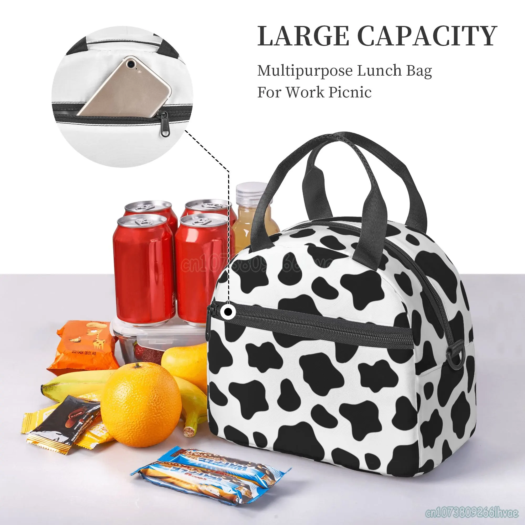 Cow Pattern Insulated Lunch Bag Thermal Lunch Box Waterproof Bento Bags Single Shoulder Portable Tote Bag for Work School Picnic