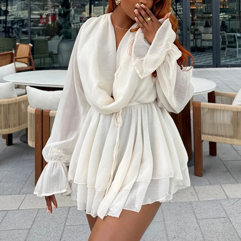 Loose Casual Beach Vacation Dress Women Chiffon Mini Dress Draped Cowl Neck Long Flare Sleeve Drawstring Waist Ruffles Hem Dress