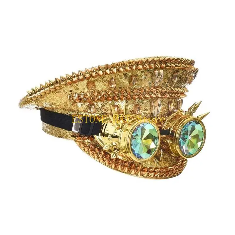 49MF Steampunk Sequin Cap Fashion Dance Captain Hat Glittering Hiphop Stage Hats