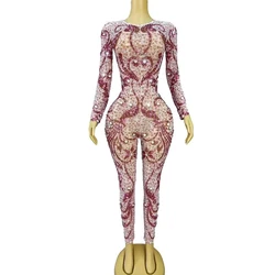 Sexy Shining Rhinestones Jumpsuit Mesh Long Sleeves Bodysuit Special Stage Performance Costume Dance Show Outfit Club Vestido