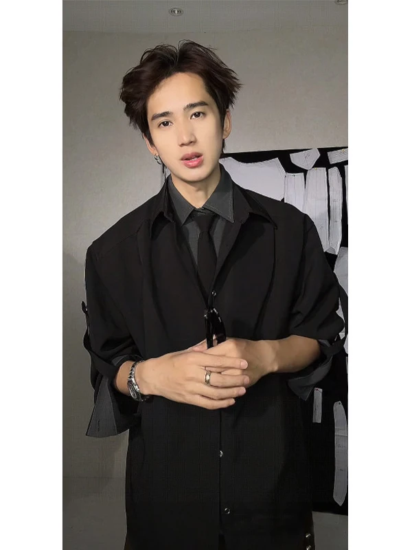 

Chic Long Sve irt for Men Youthful Trendy Patchwork Design Netie Included Korean Sle Smart Casual Faion Top