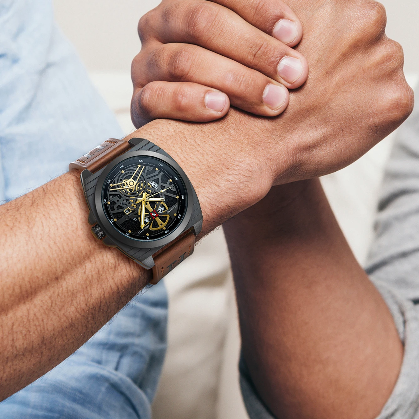 ساعة يد كوارتز مقاومة للماء من UTHAI-Men ، إضاءة ليلية ، تقويم ، عصري ، عمل ، رياضة ، حزام ، ساعة ، موضة رجالية ، جديدة