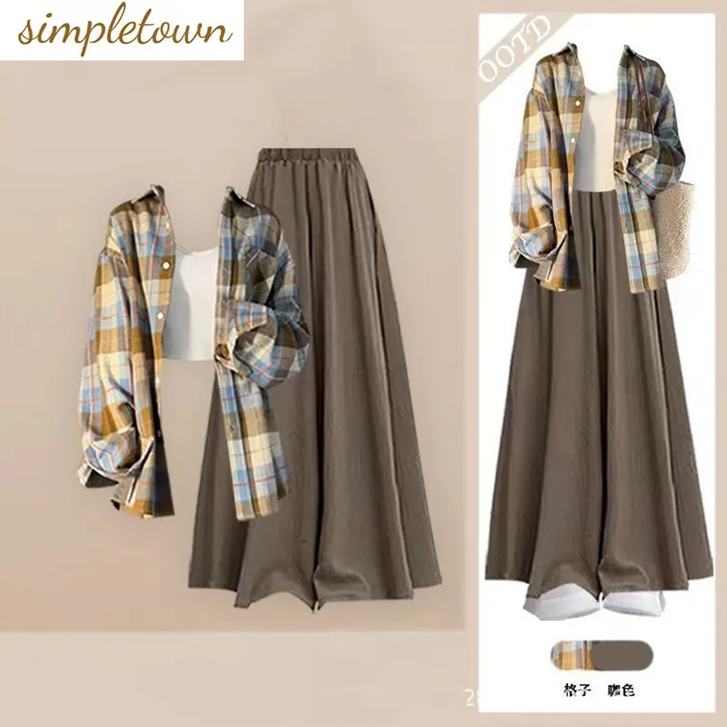 

Spring and Autumn Temperament Set Women's Checkered Shirt Top Slimming and Casual Wide Leg Pants Two-piece Set