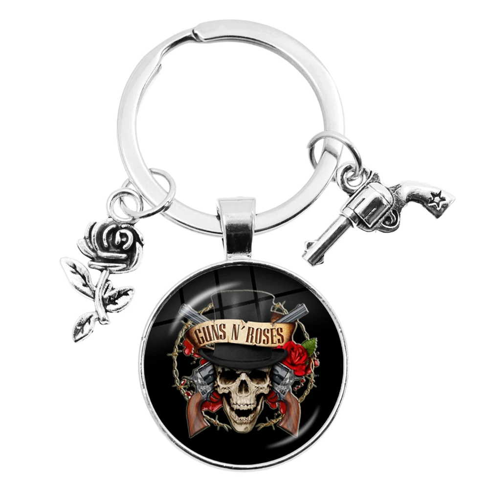 Holder Guns N Roses Rock Band Pendant Round Key Chain Punk Guns and Roses Band Sign Metal Pendant Keyring Fans Jewelry Gift