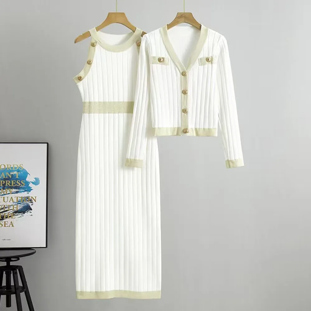 

High-quality Elastic Knitted two piece set New Fashionable Luxury Long Sleeved Cardigan Sleeveless Slim Fit Dress Women Set