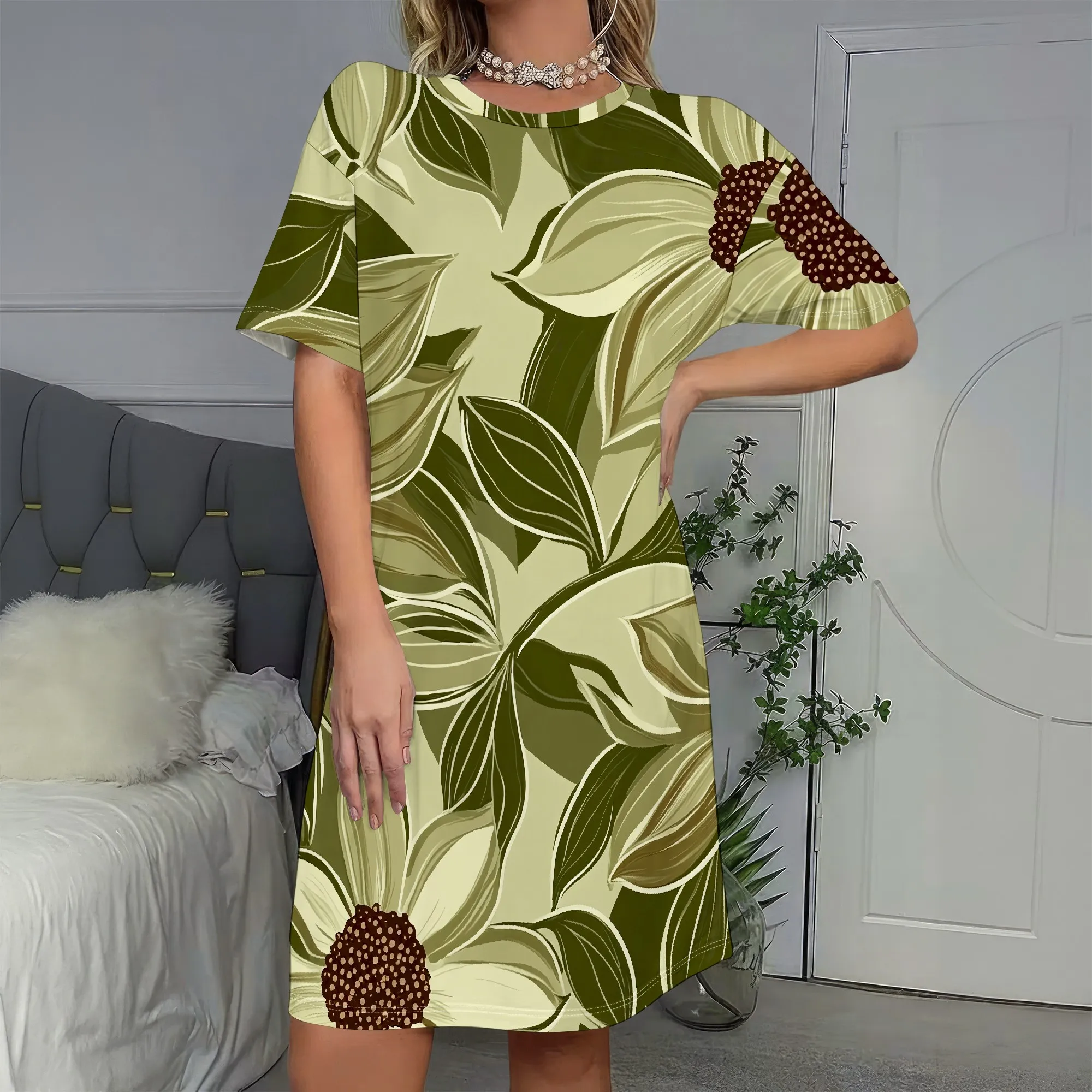 

Botanical Print, Short Sleeve Dress, Leaf Pattern, Berry Accents, Summer Casual Wear, Women's Fashion, S-2XL