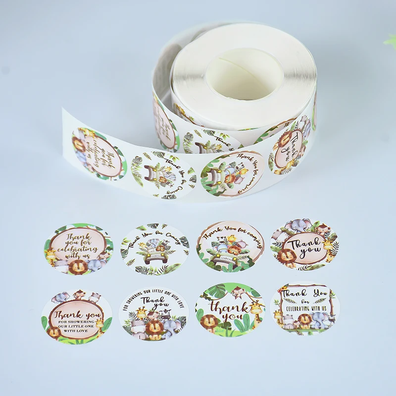 500pcs/Roll Gift Sealing Stickers Self-adhesive Labels Cute Cartoon Jungle Animal Thank You Stickers Baby Shower Party Decorate