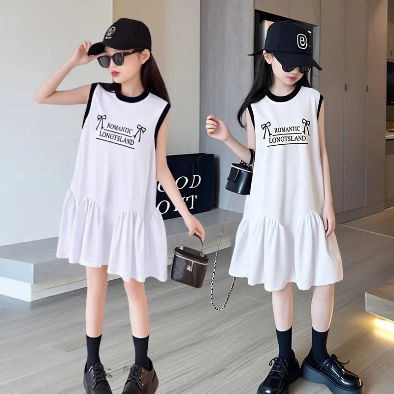 

New Summer Girls Bow Princess Dress Kids Sleeveless Dress with Ruffles Design Dresses for Teen Child Casual Vacation Vest Dress