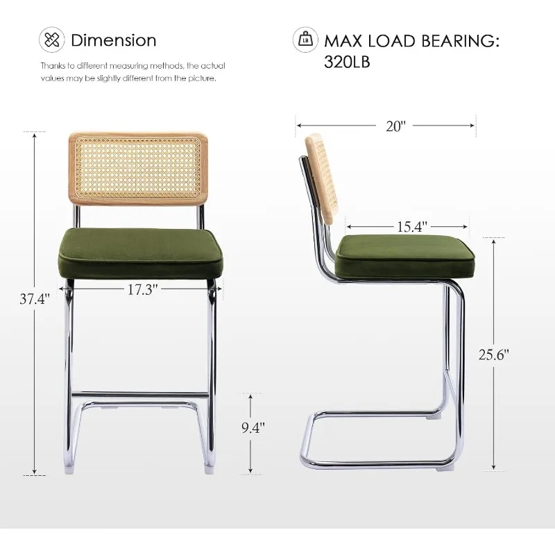 Zesthouse Modern Counter Height Bar Stools, 26'' Natural Rattan Barstools Set of 2, Velvet Kitchen Stools with Backs, Mid Centur