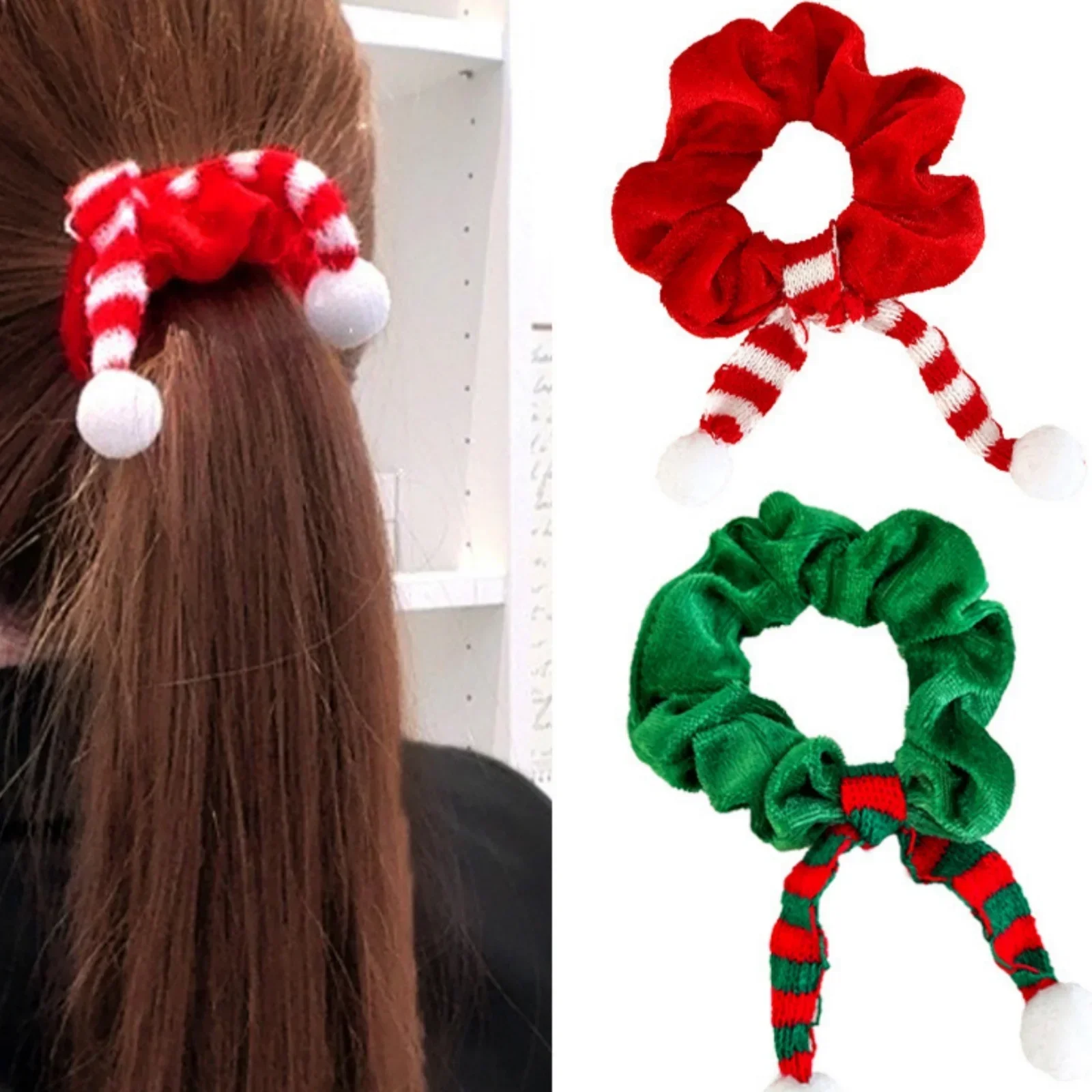

Christmas Hair Ties for Women, 2PCS Elf Scrunchies with Pom Poms, Cute Velvet Xmas Party Accessories, Gift for Girls Friends