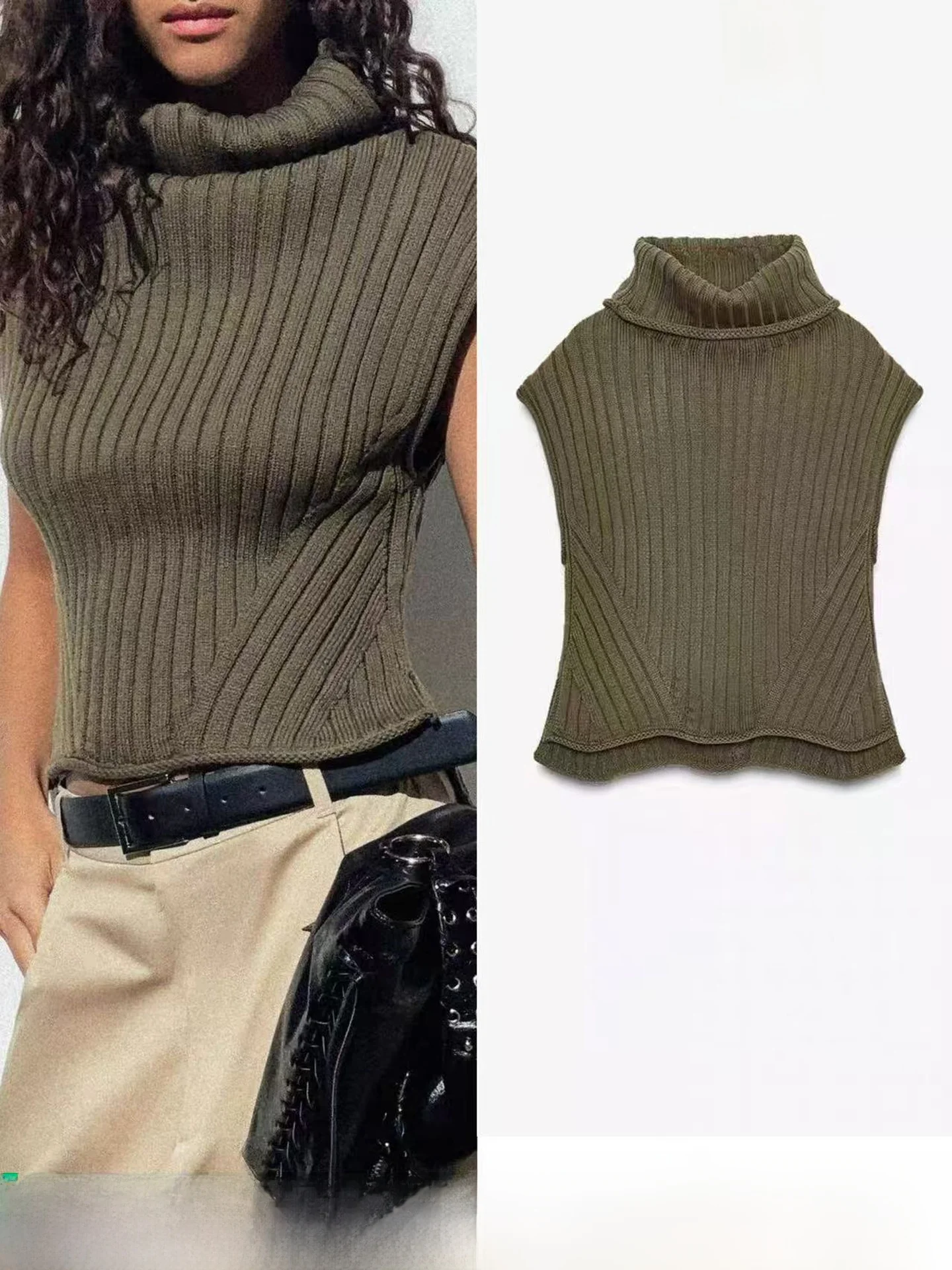 

Fashionable Color Knitted Sleeveless High Collar Slim Fit Vest New Arrival Women's Casual Style H-Shape Top Polyester F...