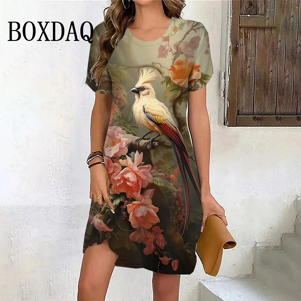 Sroka Flower Vintage Dress Women 3D Print Loose Short Sleeve Dress Summer Retro Pullover Ladies Casual Printed Sundress Clothes