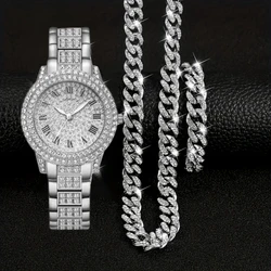 3pcs Luxury Rhinestone Quartz Watch and Jewelry Necklace Bracelet Set - Hiphop Fashion Analog Wristwatch for Women - Perfect Gif