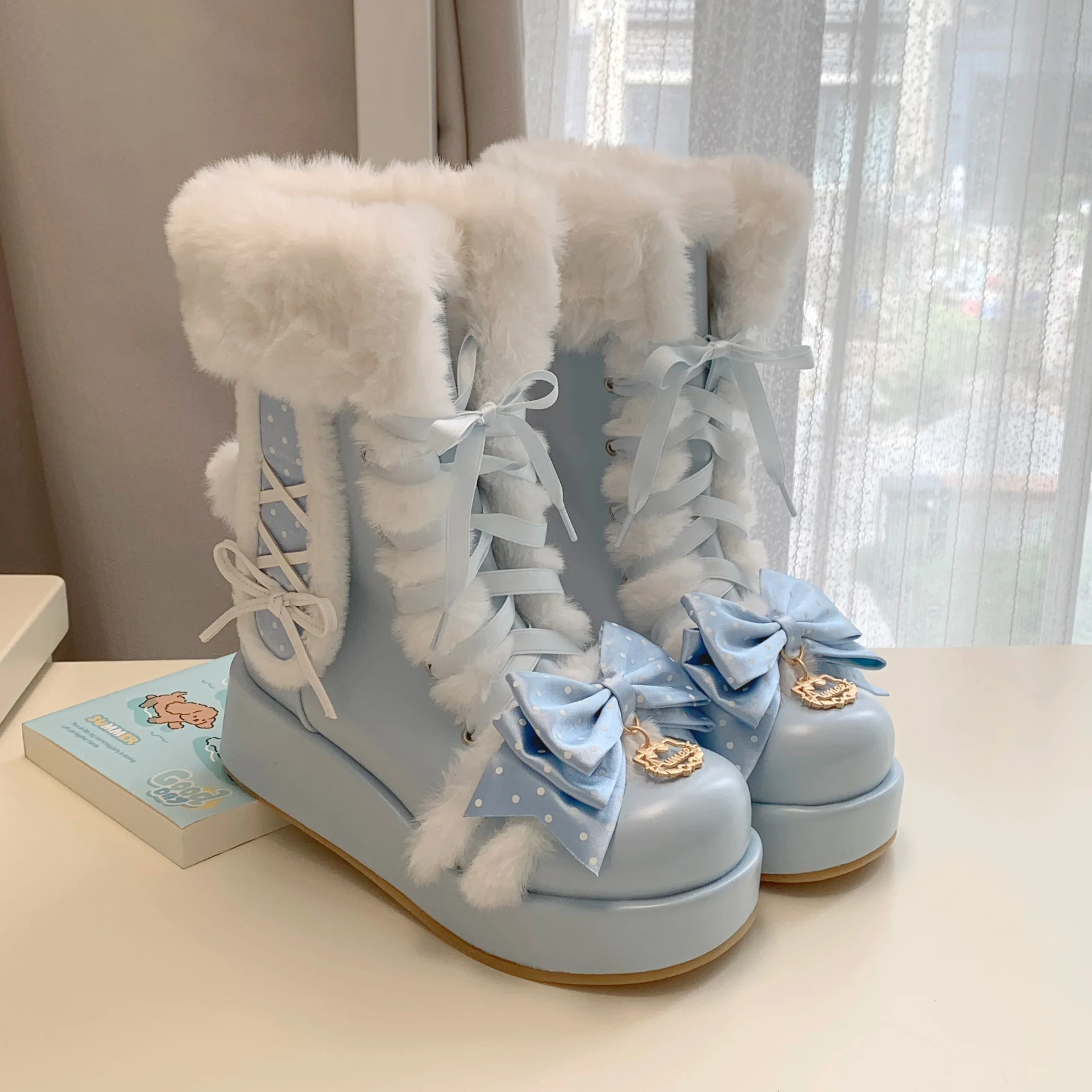 Japanese Cute Girl Round Head Plush Thick Boots Cute Sweet Girl Lolita Winter Boots